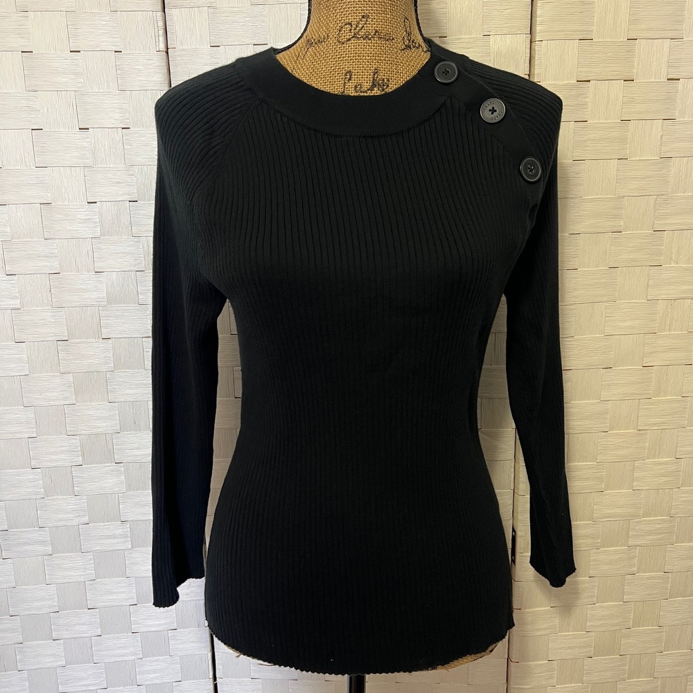 Chaps Ribbed Knit Y2k Top Button Accent Long Sleeve Black Sweater Size L